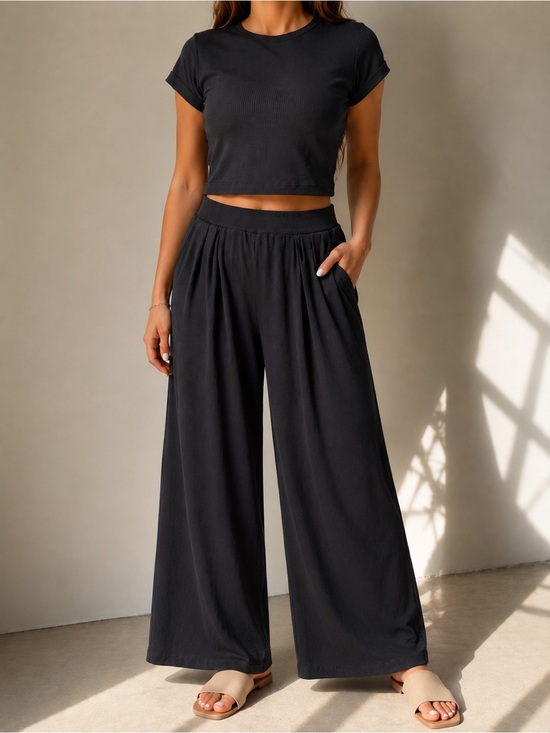 Ekouaer Pants - High-Rise Wide Leg Pants and Cropped Top SET for Women - Black